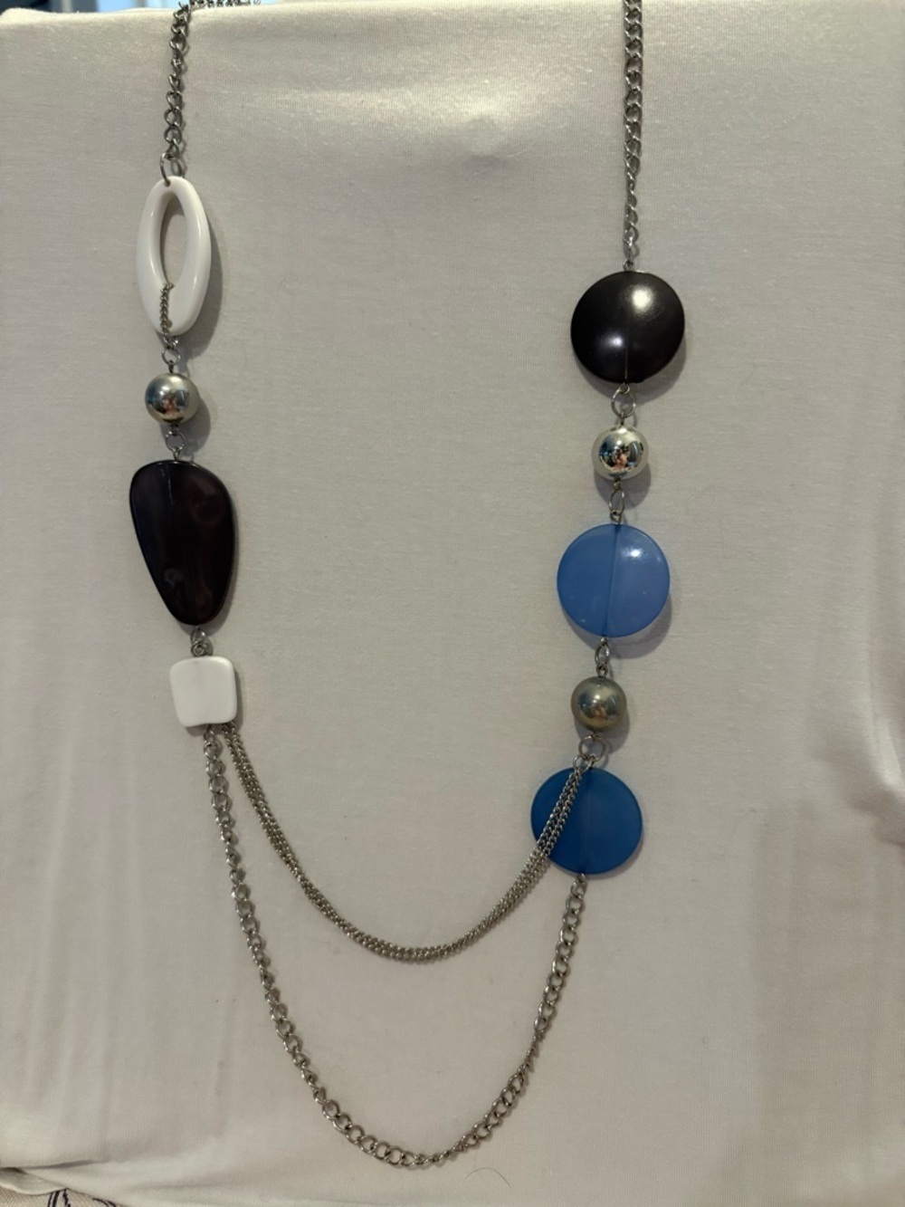Multi-Shape Blue & White Long Necklace with Silver Chain
